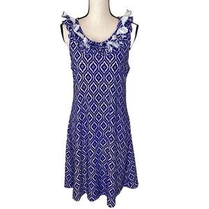 Beacon Hill Kristy Blue and White Ruffled Neck A Line Dress Size M